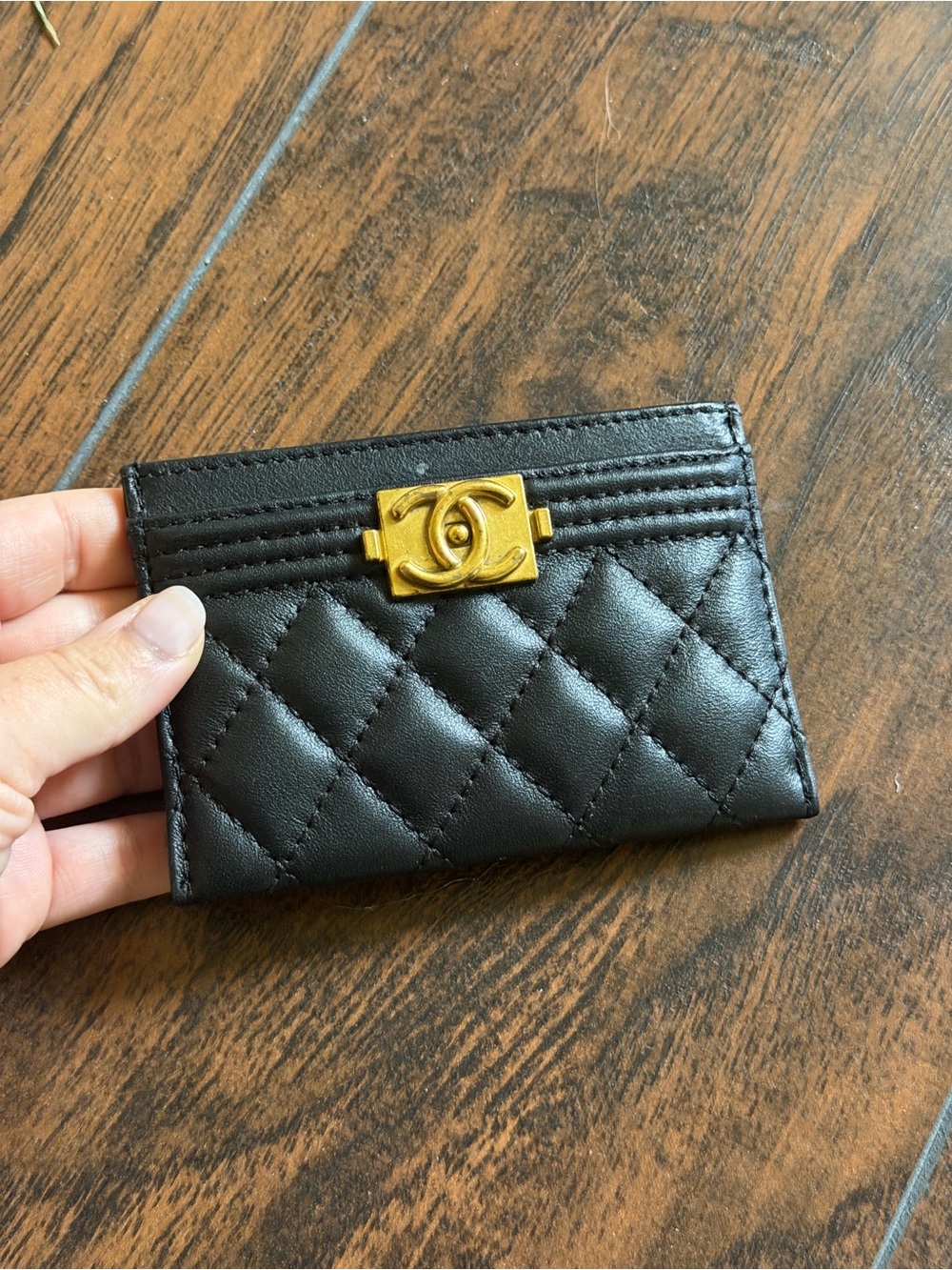 CHANEL Black Quilted Leather Card Holder with Gold CC Lock